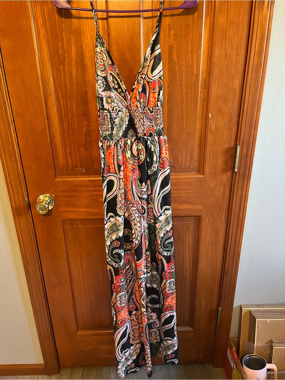 Paisley Print Black & Orange Maxi Dress